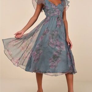 Elegant Floral Chiffon Dress - Blue and Pink